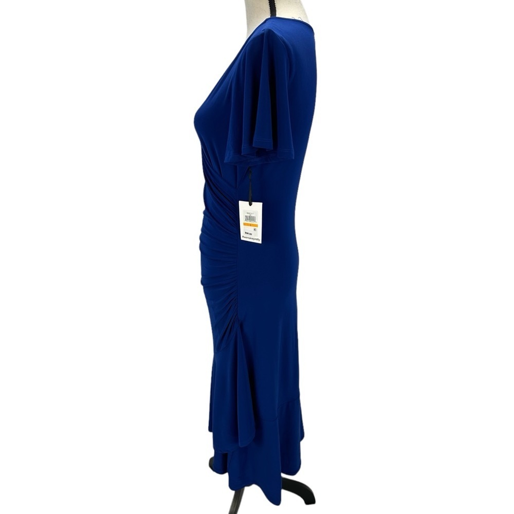 Kensie Short Sleeve Faux Wrap Side Ruched Midi Dress - Blue - size Small - Picture 4 of 13